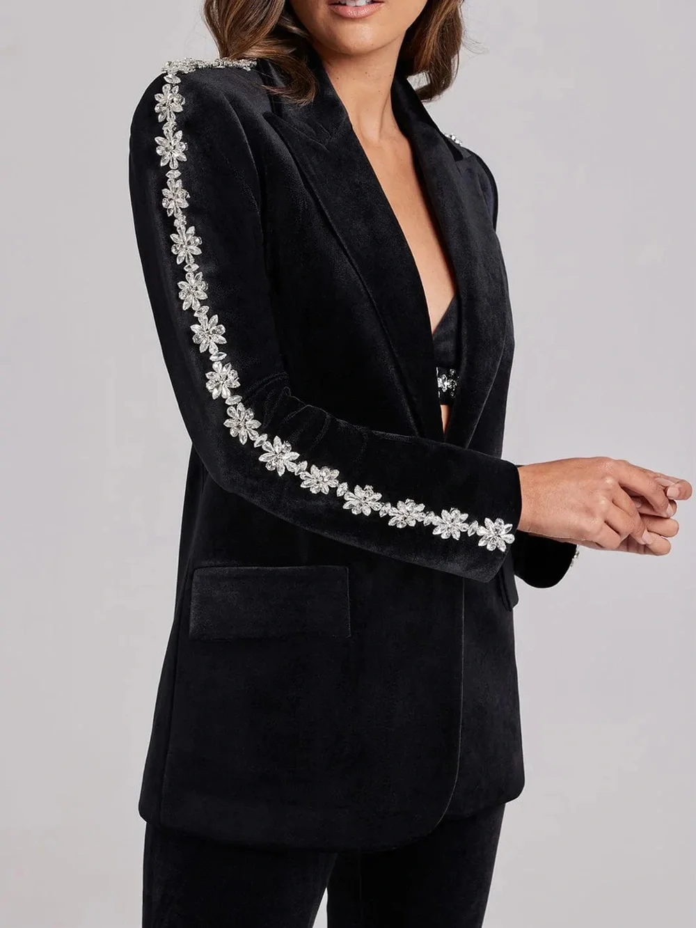 NWT Nadine Merabi DAVINA Black Velvet Crystal Embellished Blazer M & Corset L - Picture 2 of 6